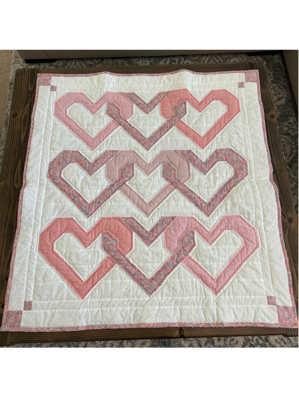 Handmade Pink White Heart Patchwork Quilt 35" Wide Floral Star Print Cottagecore